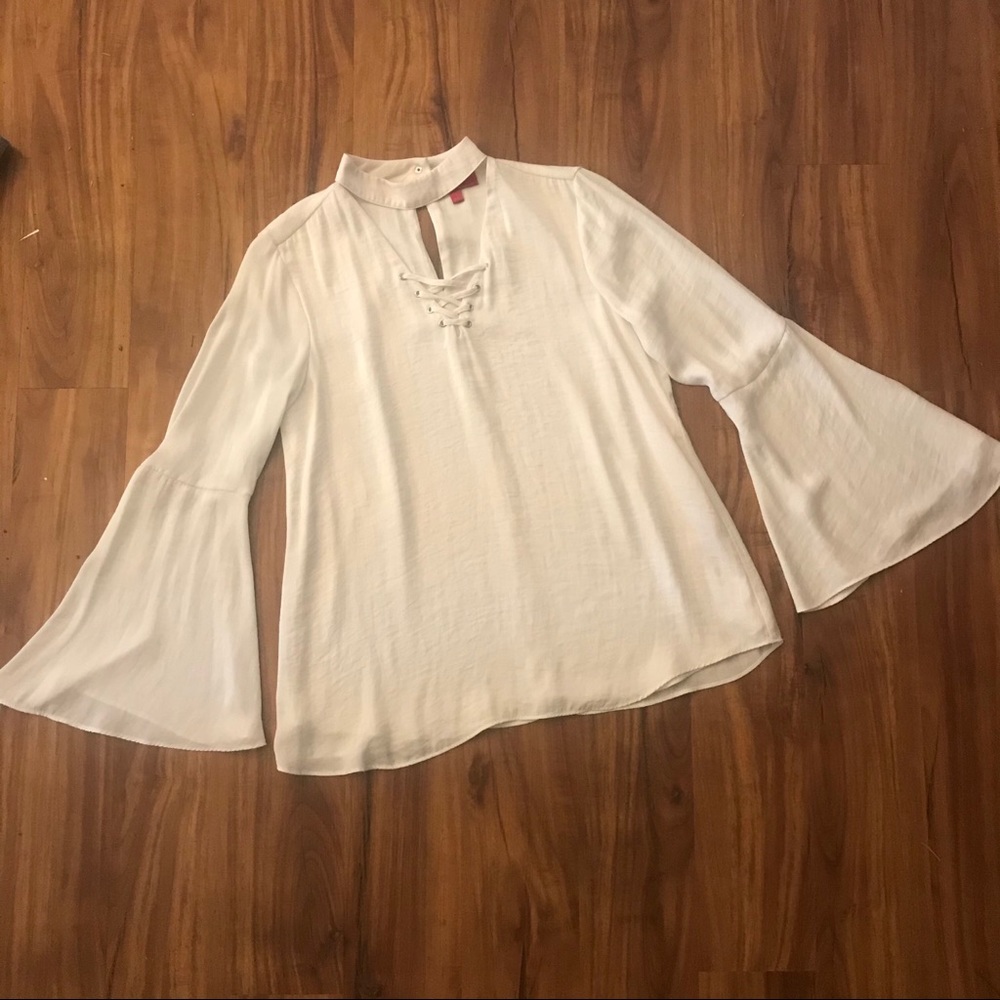 White Drapy Bell Sleeve Lace Up Top